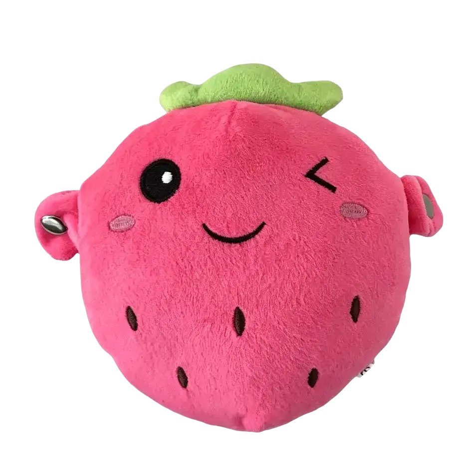 Plush fruit coin purse stuffed animal toy shaped like a pink strawberry with green top embroidered face and stitched seeds