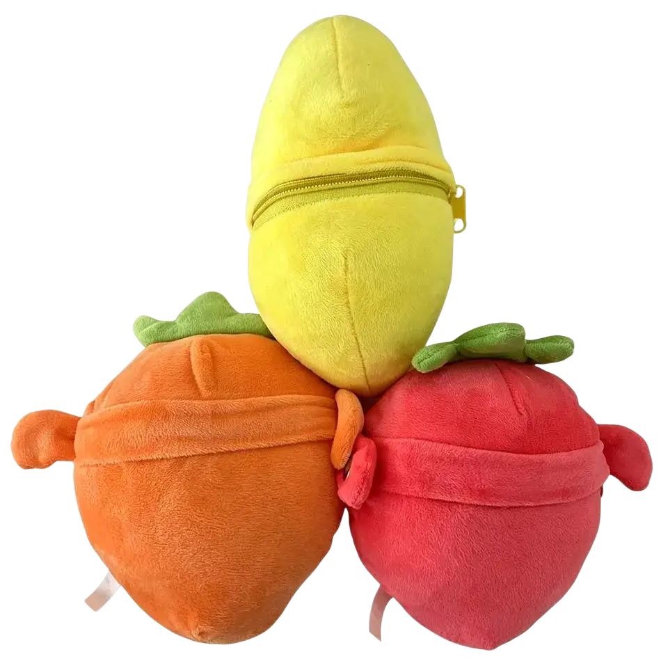 Plush fruit coin purse stuffed animal toy in bright yellow orange and red with green leafy tops made of soft material
