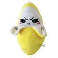 Yellow plush fruit coin purse shaped like a stuffed banana with white peel black eyes and pink cheeks