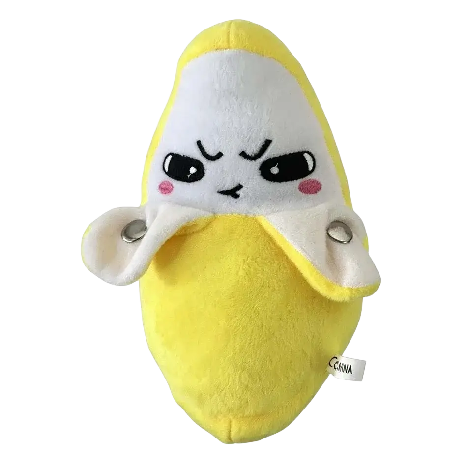 Yellow plush fruit coin purse shaped like a stuffed banana with white peel black eyes and pink cheeks