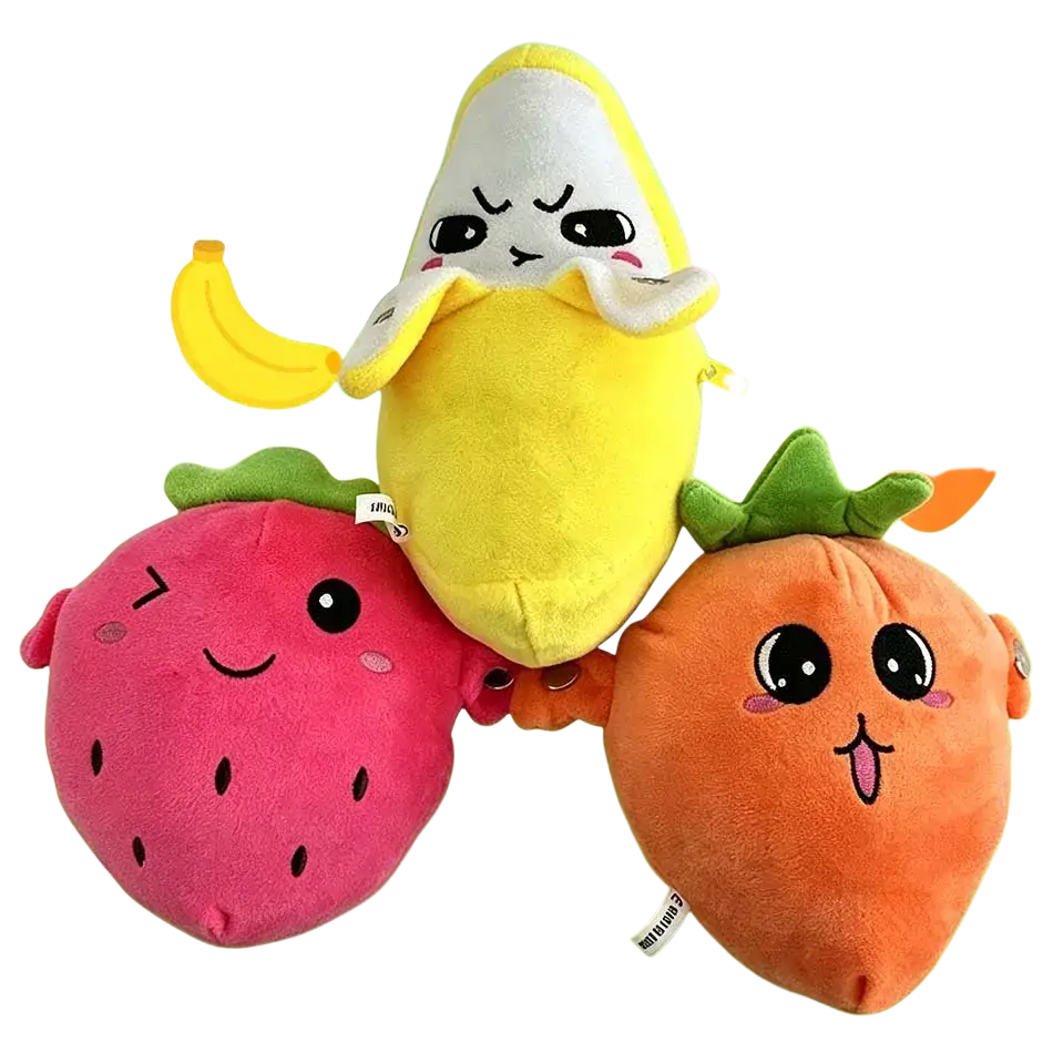 Yellow plush fruit coin purse shaped like a banana with white peel and cute facial expression stuffed animal toy