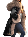 A luxurious black oversized coat with plush brown fur-lined hood and cuffs designed for warmth and style