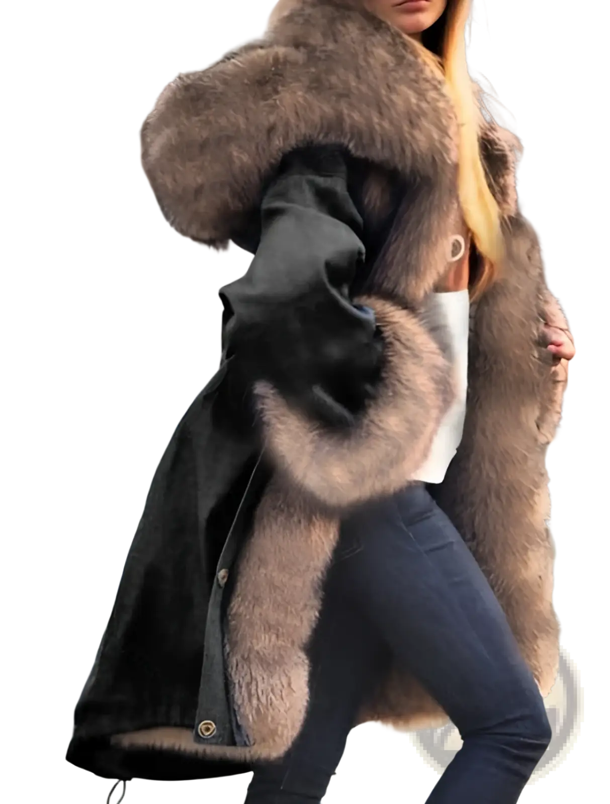 A luxurious black oversized coat with plush brown fur-lined hood and cuffs designed for warmth and style