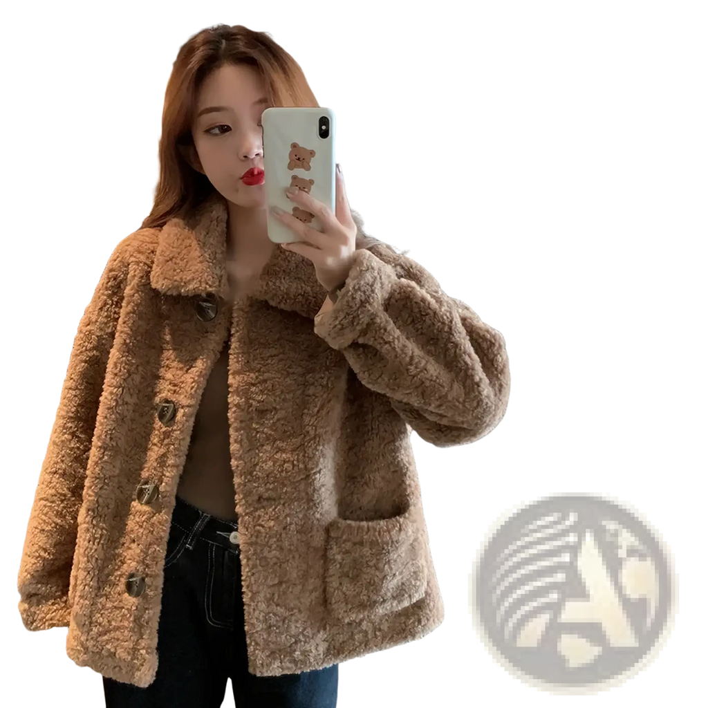 Plush fush fur cardigan jacket in cozy tan tan faux fur with a plush texture and dark brown button closures