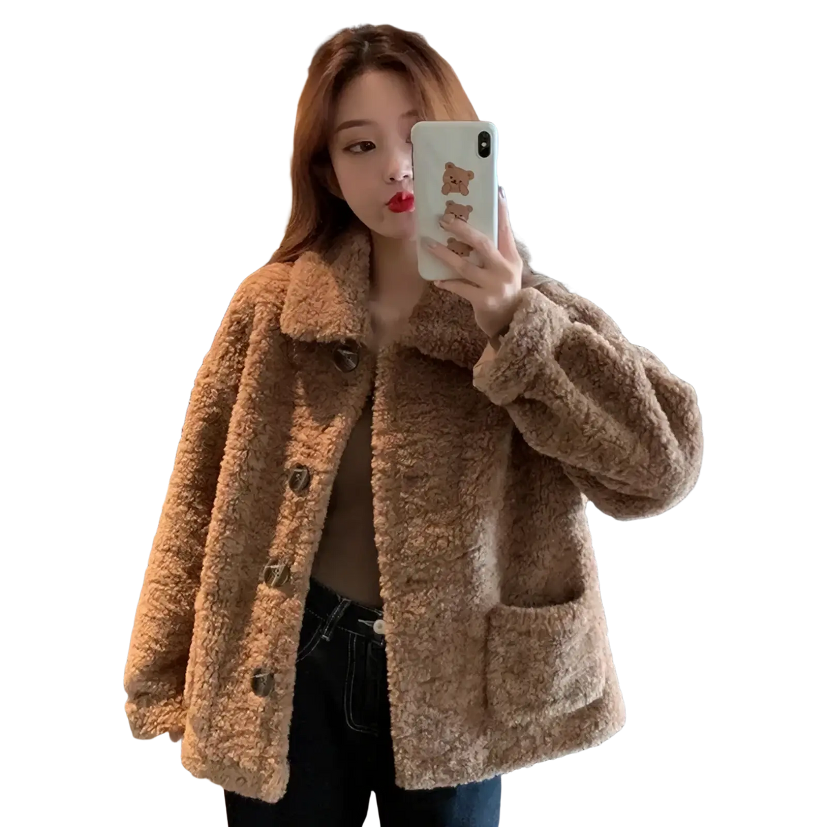 Plush faux fur cardigan jacket in tan with a cozy textured surface and dark brown button closures