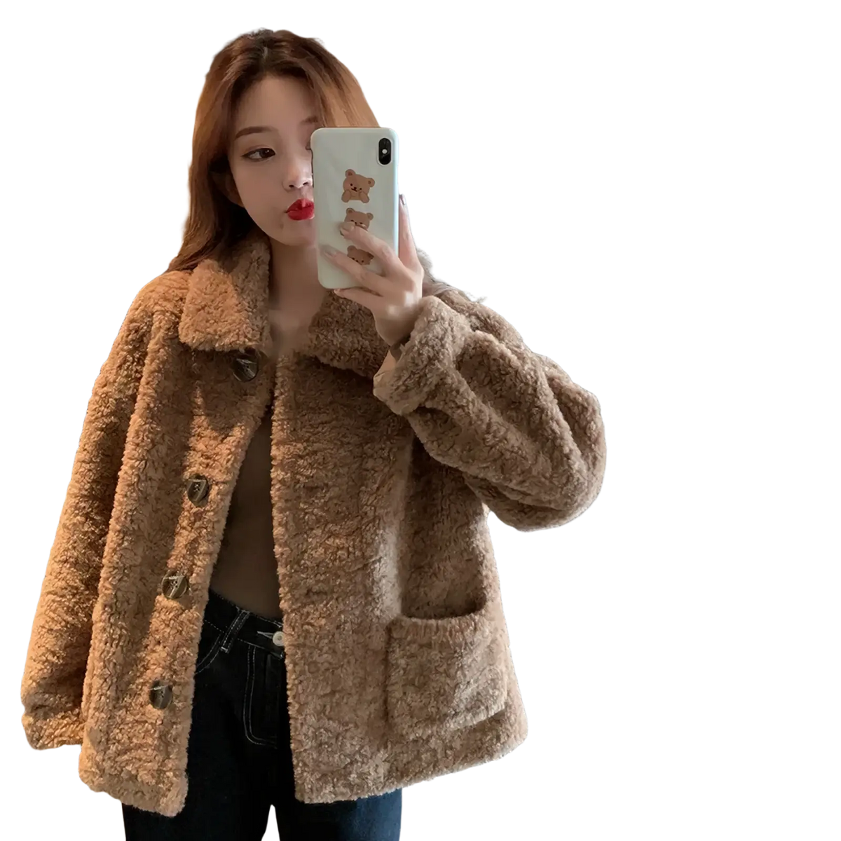 Plush fush fur cardigan jacket in cozy tan tan faux fur with a plush texture and dark brown button closures