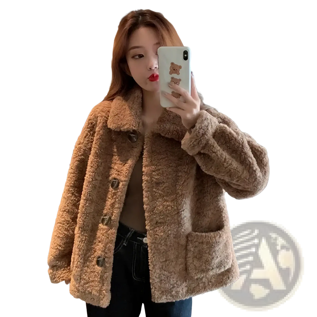 Plush faux fur cardigan jacket in tan with a cozy textured surface and dark brown button closures
