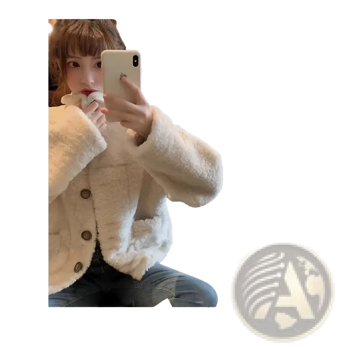 Cream-colored plush faux fur cardigan jacket with brown buttons showcasing soft textured material and stylish design