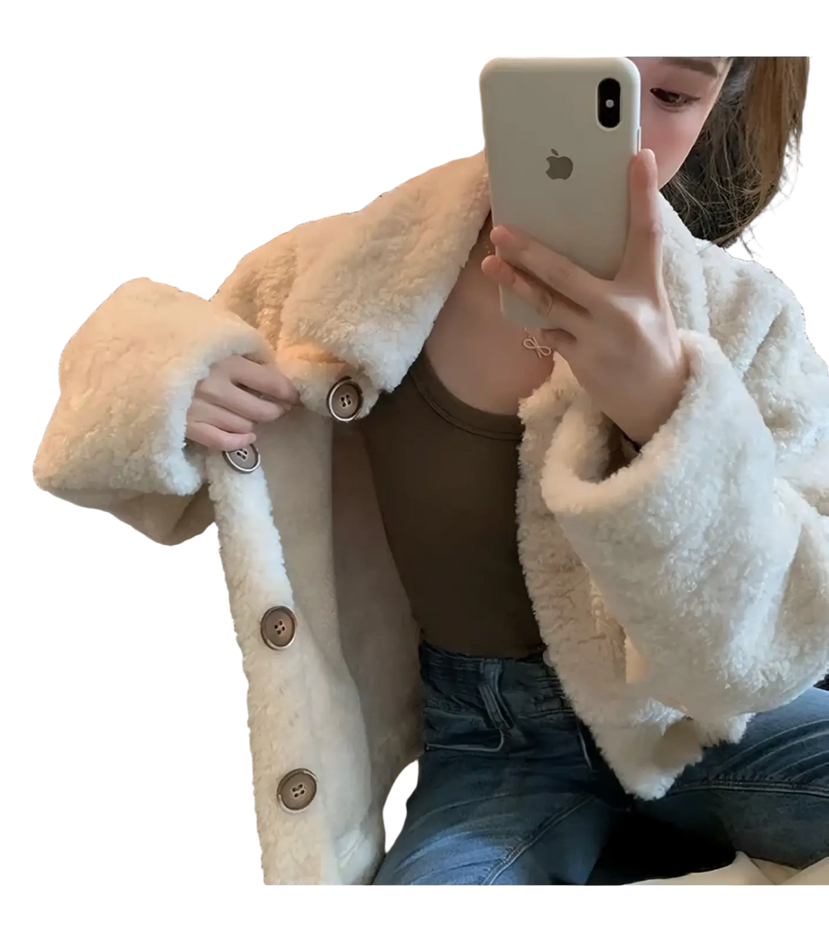 Cream-colored plush faux fur cardigan jacket with matching button closures for stylish warmth and comfort