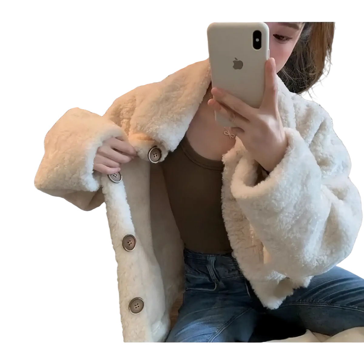 Cream-colored plush faux fur cardigan jacket with plush texture and matching button closures for stylish warmth
