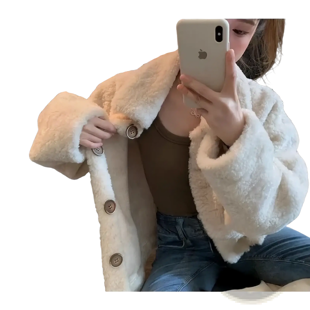 Cream-colored plush faux fur cardigan jacket with plush texture and matching button closures for stylish warmth