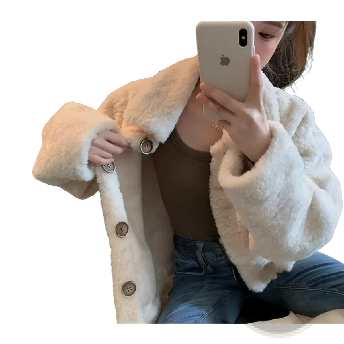 Cream-colored plush faux fur cardigan jacket with plush texture and matching button closures for stylish warmth