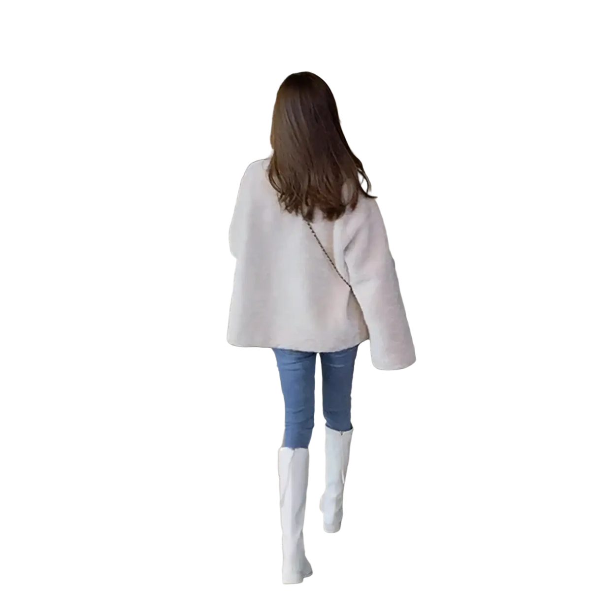 White fluffy faux fur cardigan jacket with long sleeves and relaxed fit for cozy stylish wear