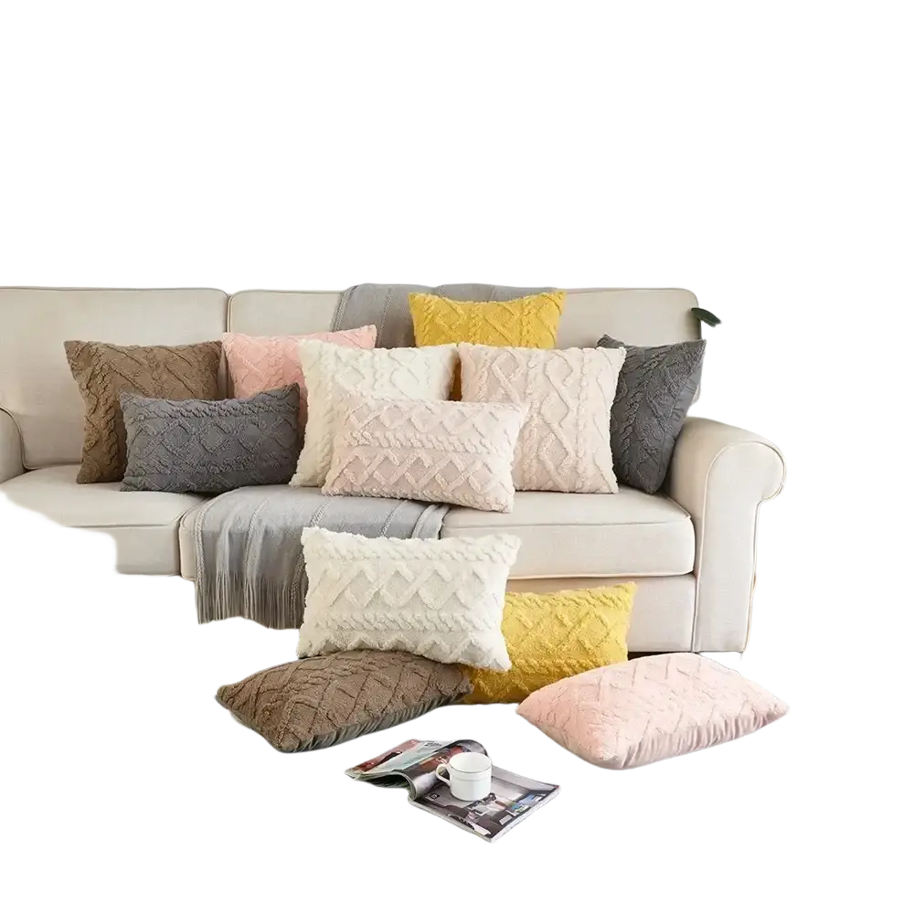 Plush geometric throw pillow cover 45x45cm with textured cable-knit patterns in soft pastel and earthy tones