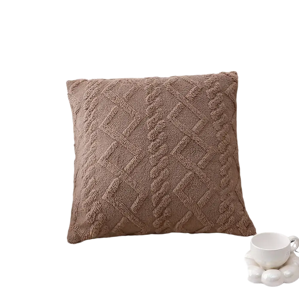 Plush geometric throw pillow cover 45x45cm taupe color with textured diamond pattern and soft fuzzy fabric