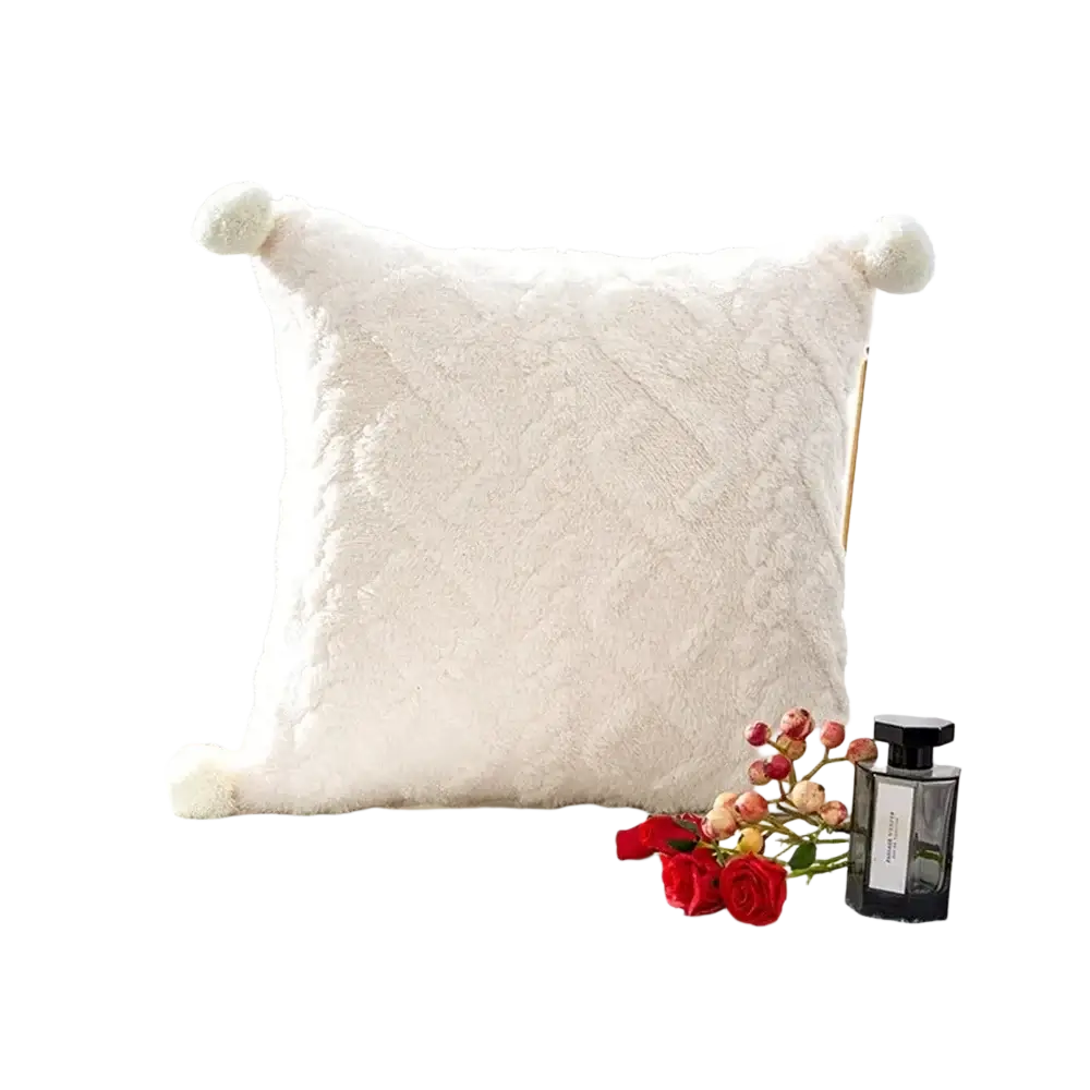 Cream-colored plush geometric throw pillow cover 45x45cm with textured knit pattern and fluffy pom-pom accents on corners
