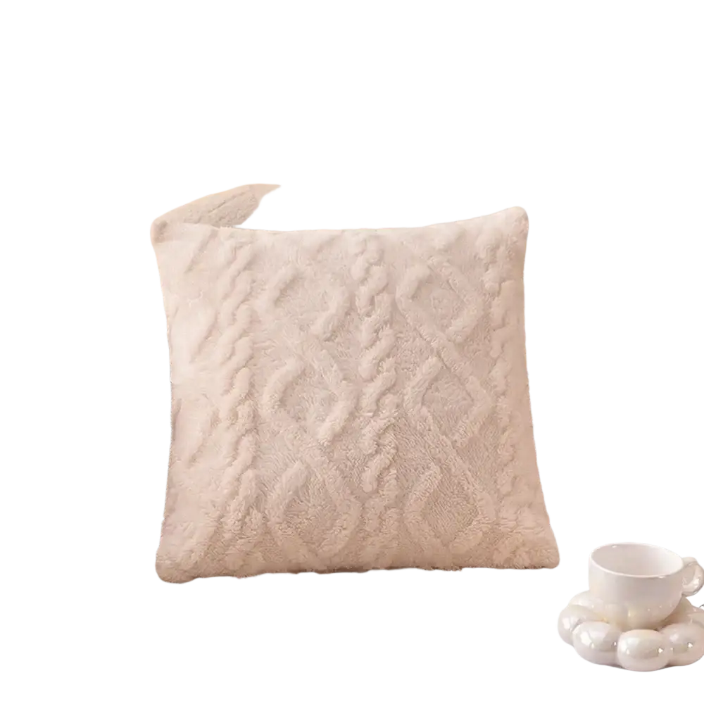 Cream-colored plush geometric throw pillow cover with textured cable-knit pattern 45x45cm for home decor
