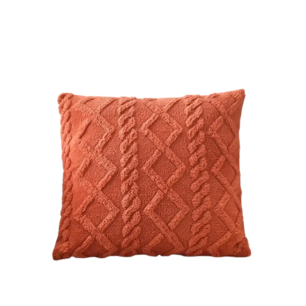 Plush geometric throw pillow cover in orange textured knit fabric measuring 45x45cm for home decor