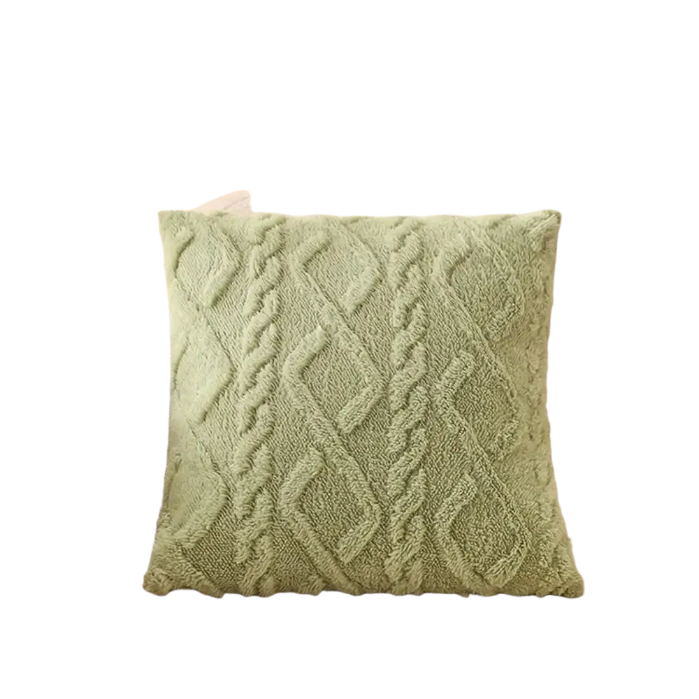 Plush geometric throw pillow cover 45x45cm in soft sage green with textured cable knit pattern for cozy decor