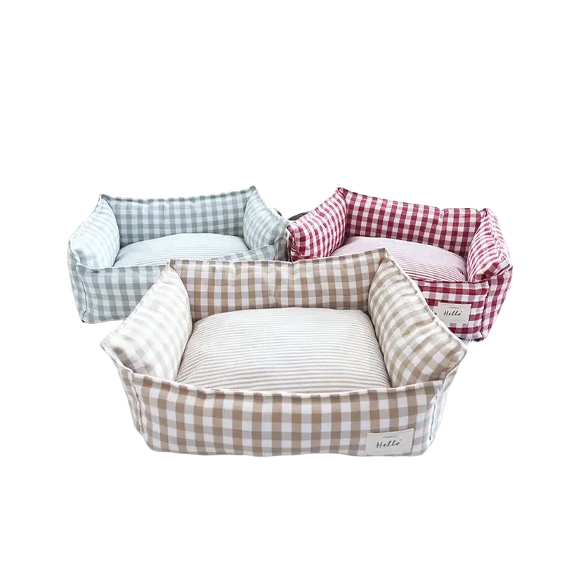 Beige and white gingham check cotton dog bed with striped cushion plush gingham check pet bed sofa