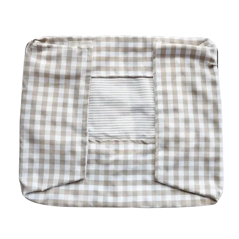 Beige and white gingham fabric cushion cover with central striped panel for plush gingham check pet bed cotton dog sofa