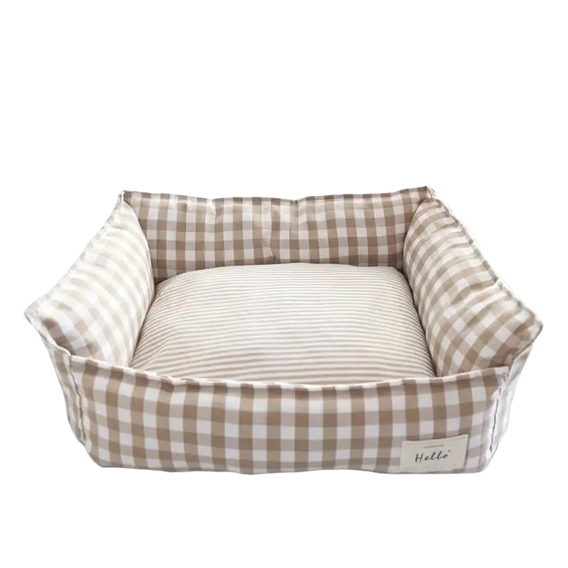 Beige and white checkered plush gingham check pet bed with striped cotton cushion for comfortable dog sofa use