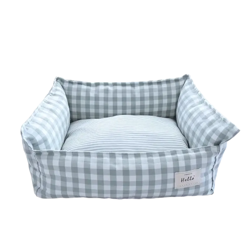 Plush gingham check pet bed with gray and white cotton gingham pattern and striped cushion for cozy dog sofa use
