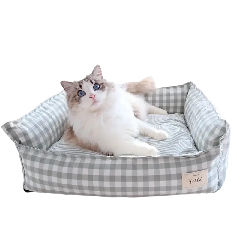 Please allow a plush gingham check pet bed with gray and white cotton cushion for comfortable dog sofa use