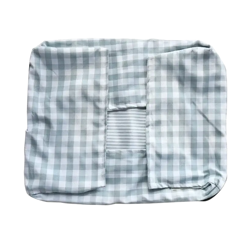 Plush gingham check pet bed cotton dog sofa with gray and white checkered cushion and central striped panel