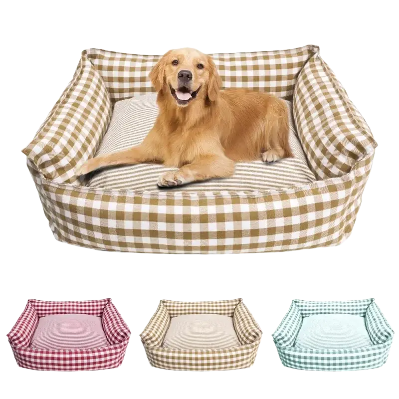 Plush gingham check pet bed cotton dog sofa with tan and white gingham exterior and striped cushion interior