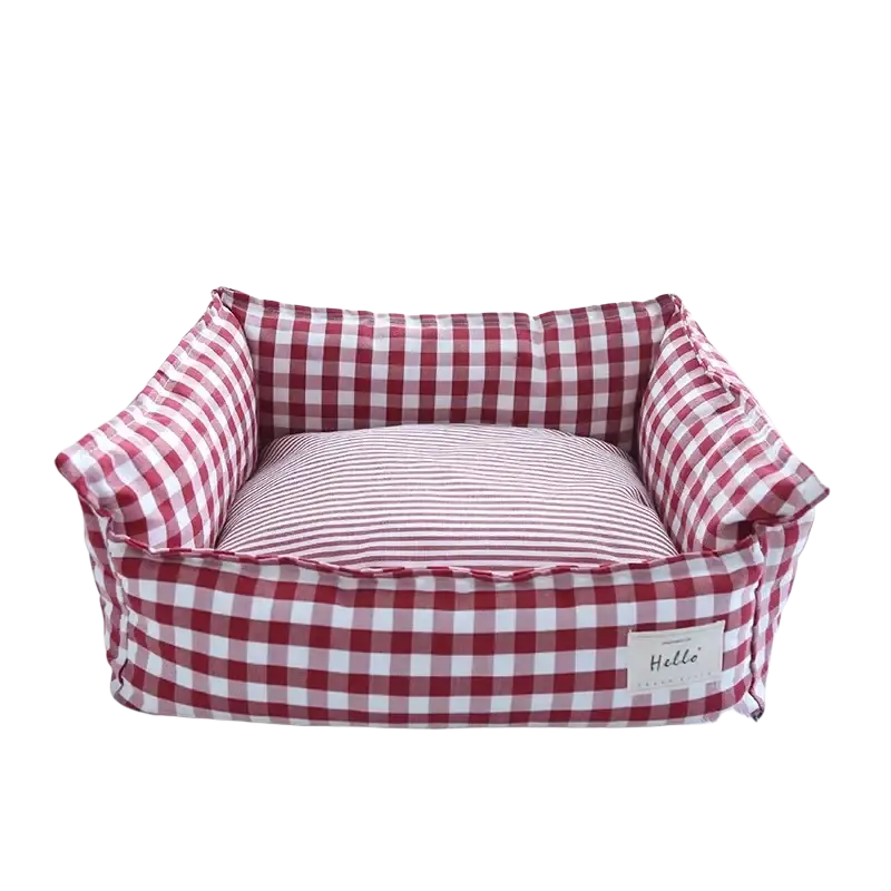 Red and white checkered plush gingham check pet bed with cotton striped cushion for dog sofa comfort
