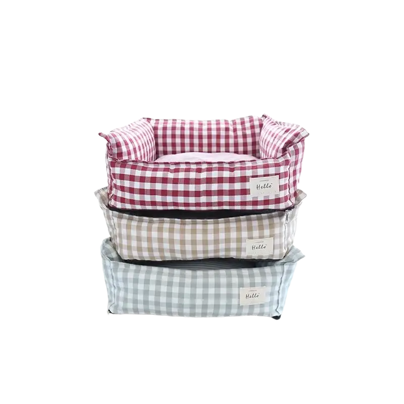 Stacked plush gingham check pet beds in red white beige and gray cotton for comfortable dog sofa use please allow