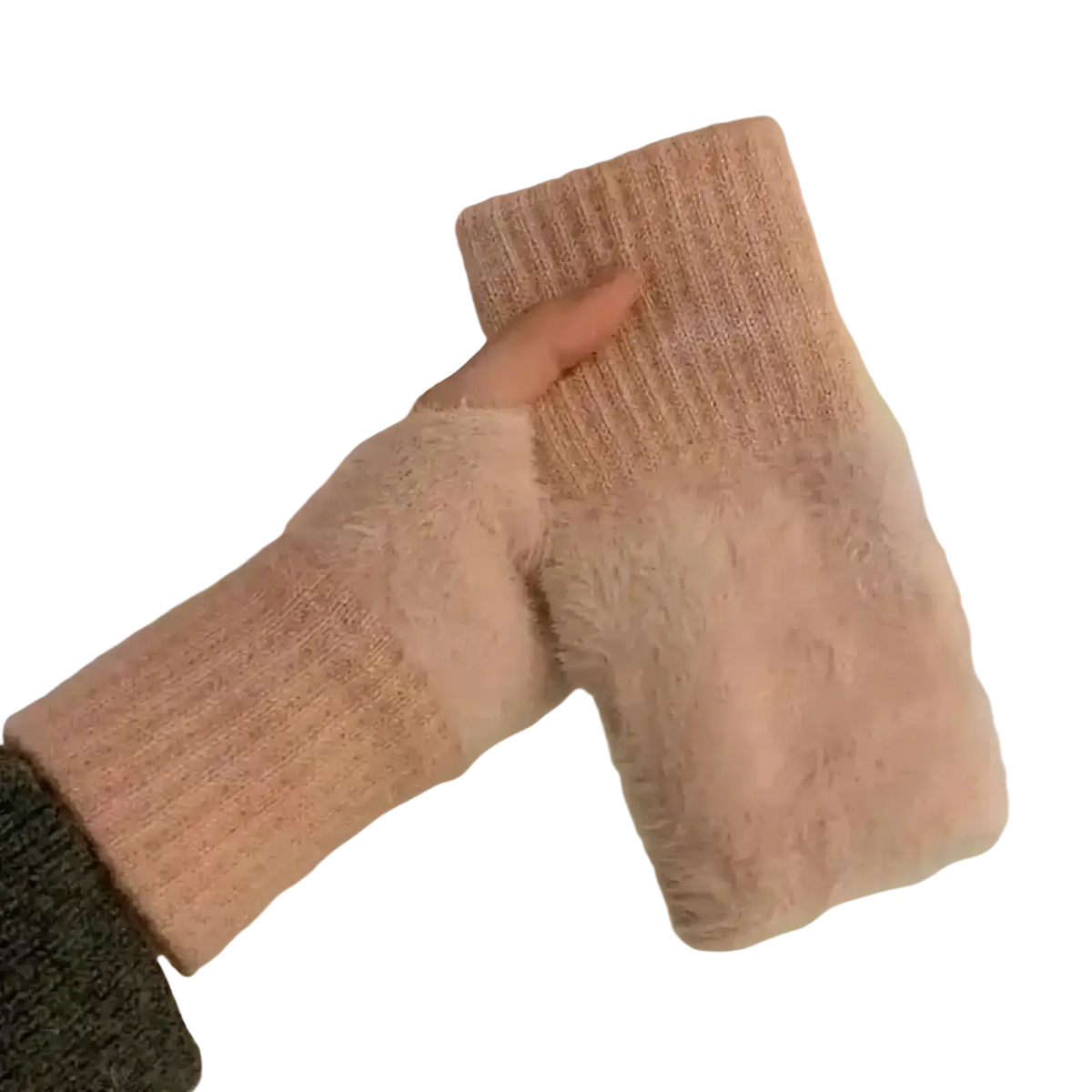 Beige plush half finger winter gloves for women with knit fuzzy texture and ribbed cuffs for warmth and comfort