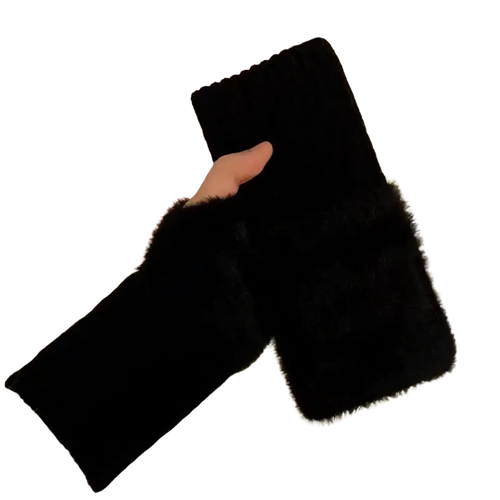 Black faux fur wrist cuffs with ribbed knit cuff and plush soft texture for plush half finger winter gloves for women