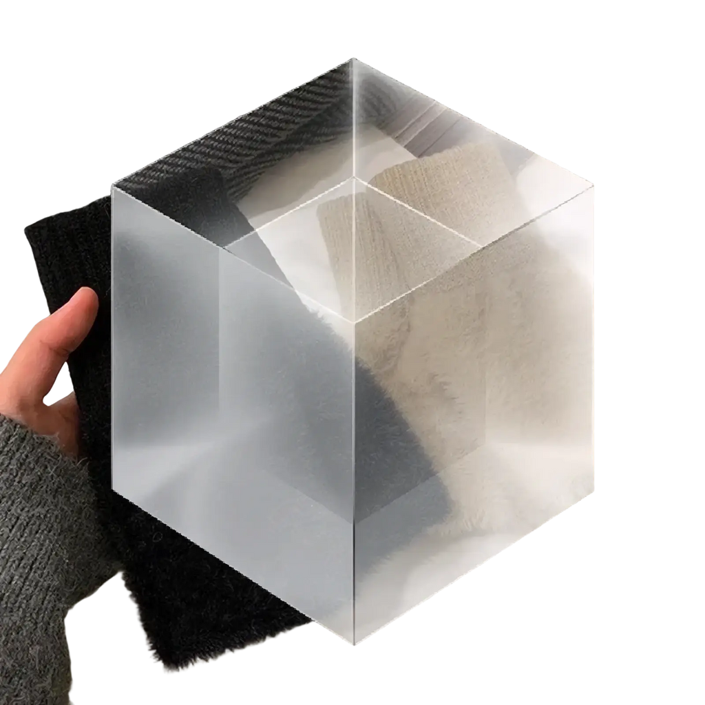 Clear acrylic cube with frosted edges and reflective surface displayed alongside plush half finger winter gloves for women