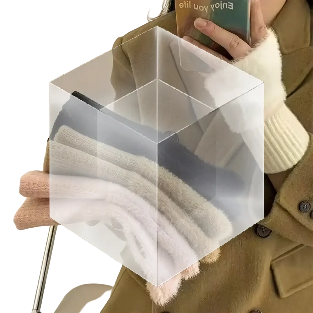 Clear acrylic cube displaying neatly folded pastel-colored plush half finger winter gloves for women made of fuzzy material