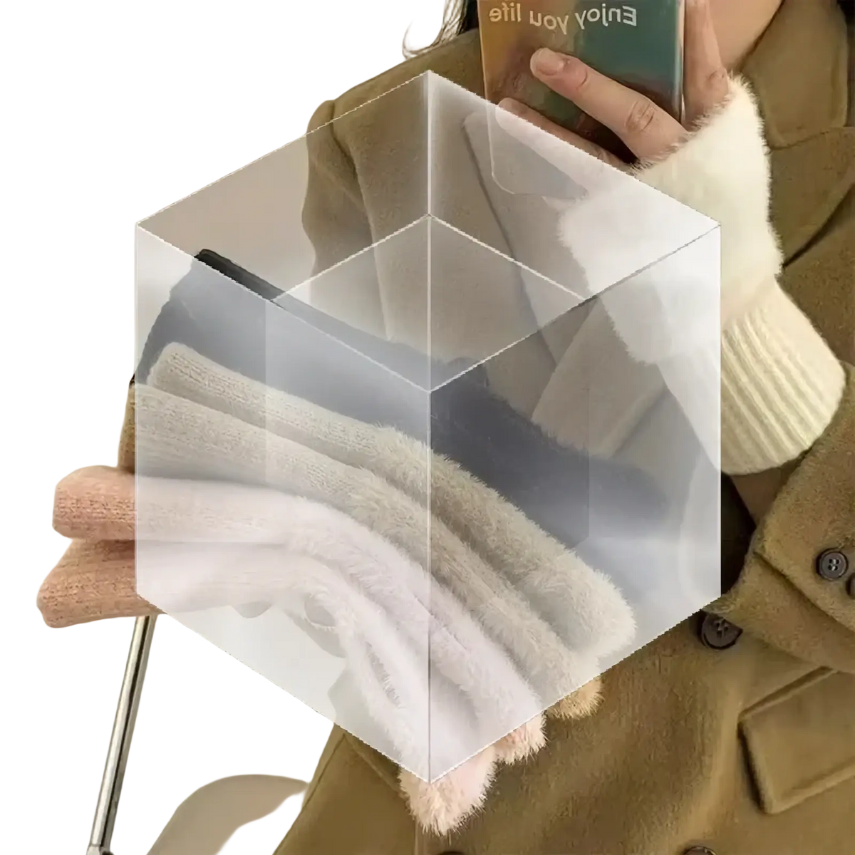 Clear acrylic cube displaying neatly folded pastel-colored plush half finger winter gloves for women made of fuzzy material