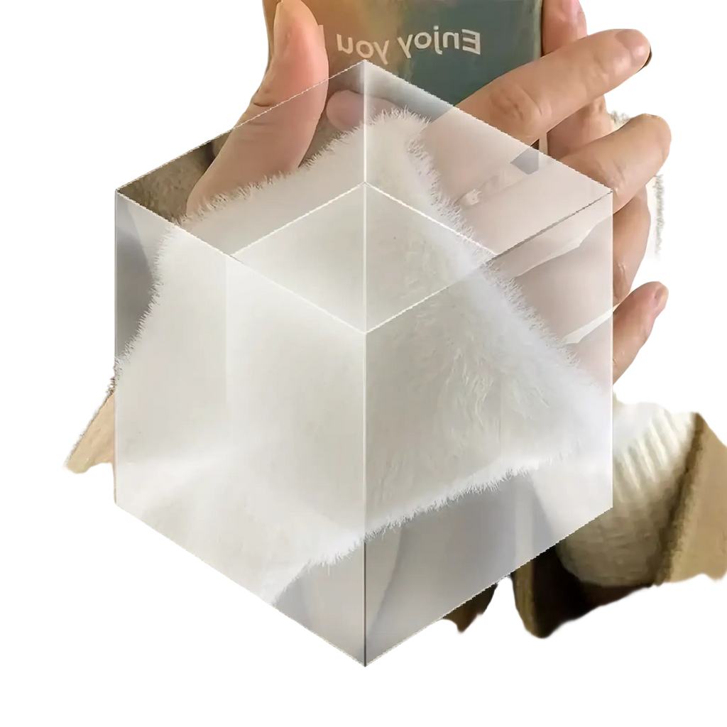 Transparent acrylic cube showcasing soft white faux fur lining for plush half finger winter gloves for women
