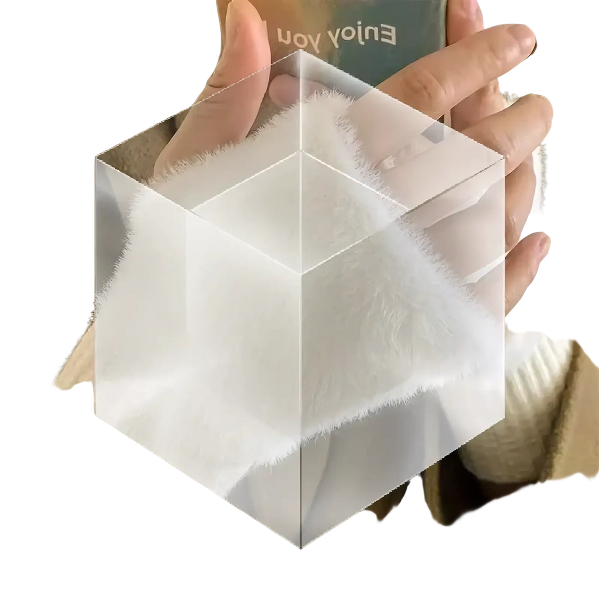 Transparent acrylic cube showcasing soft white faux fur lining for plush half finger winter gloves for women