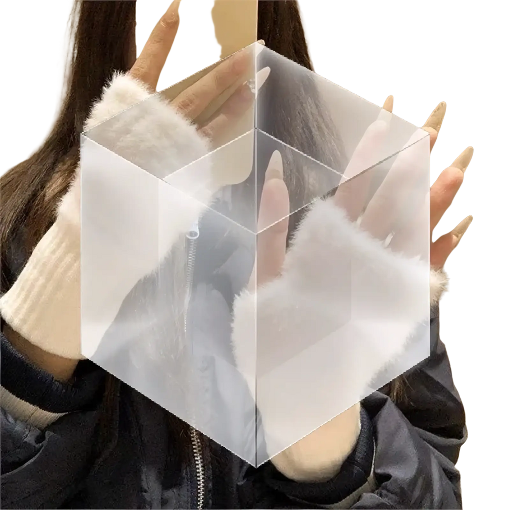 Transparent cube-shaped box with zipper closure and white fluffy trim holding plush half finger winter gloves for women