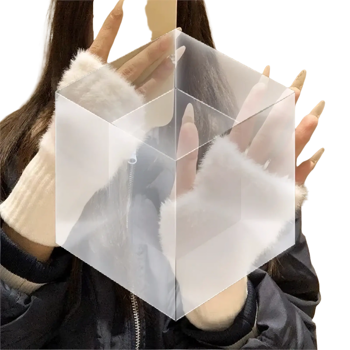 Transparent cube-shaped box with zipper closure and white fluffy trim holding plush half finger winter gloves for women