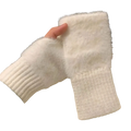 White fuzzy plush half finger winter gloves for women with ribbed knit cuff shown from the back side