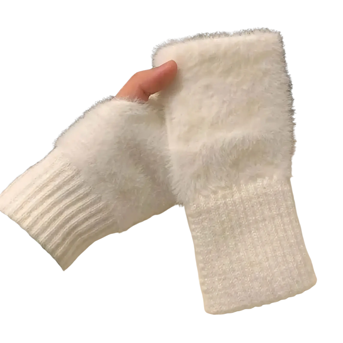 White fuzzy plush half finger winter gloves for women with ribbed knit cuff shown from the back side