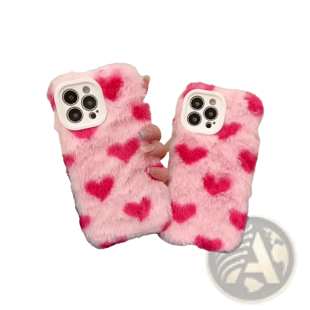 Pink fuzzy iphone case with red heart patterns shown from the back side featuring a plush soft cover