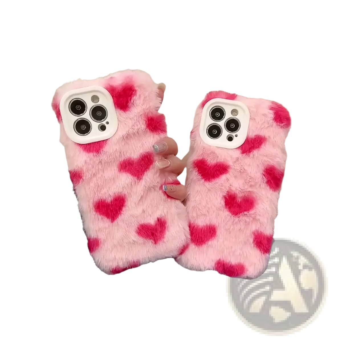 Pink fuzzy iphone case with red heart patterns shown from the back side featuring a plush soft cover