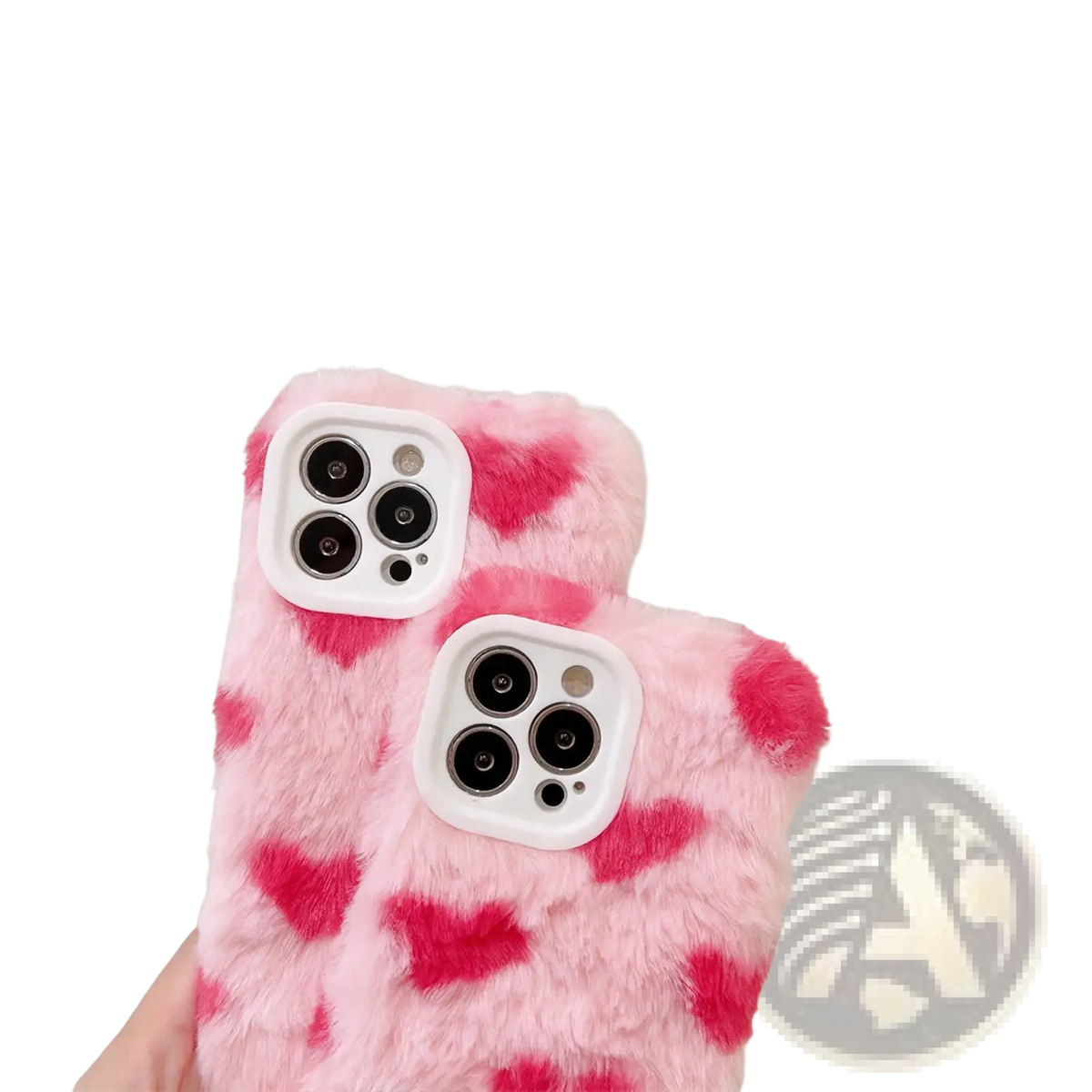 Back side of a plush heart iphone case featuring a pink fuzzy cover with red heart patterns and white camera cutout