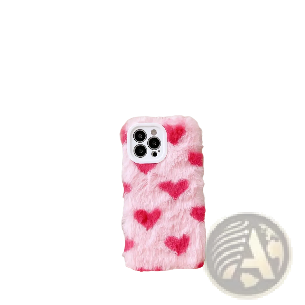 Pink fuzzy iphone case with red heart patterns showing the back side of the plush heart cover design