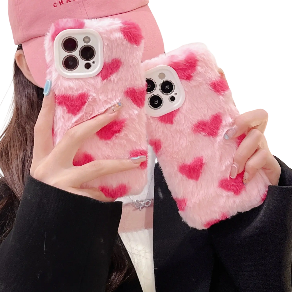 Plush heart iphone case pink fuzzy cover showing the back side with red heart patterns on a soft material