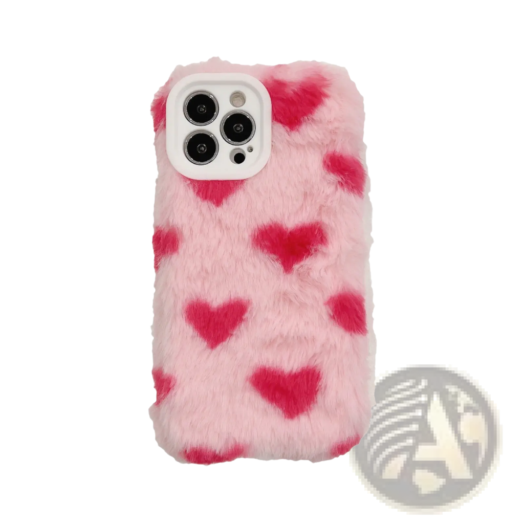 Pink faux fur iphone case with red heart patterns showing the back side of the plush heart fuzzy cover