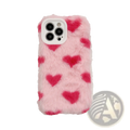 Pink faux fur iphone case with red heart patterns showing the back side of the plush heart fuzzy cover